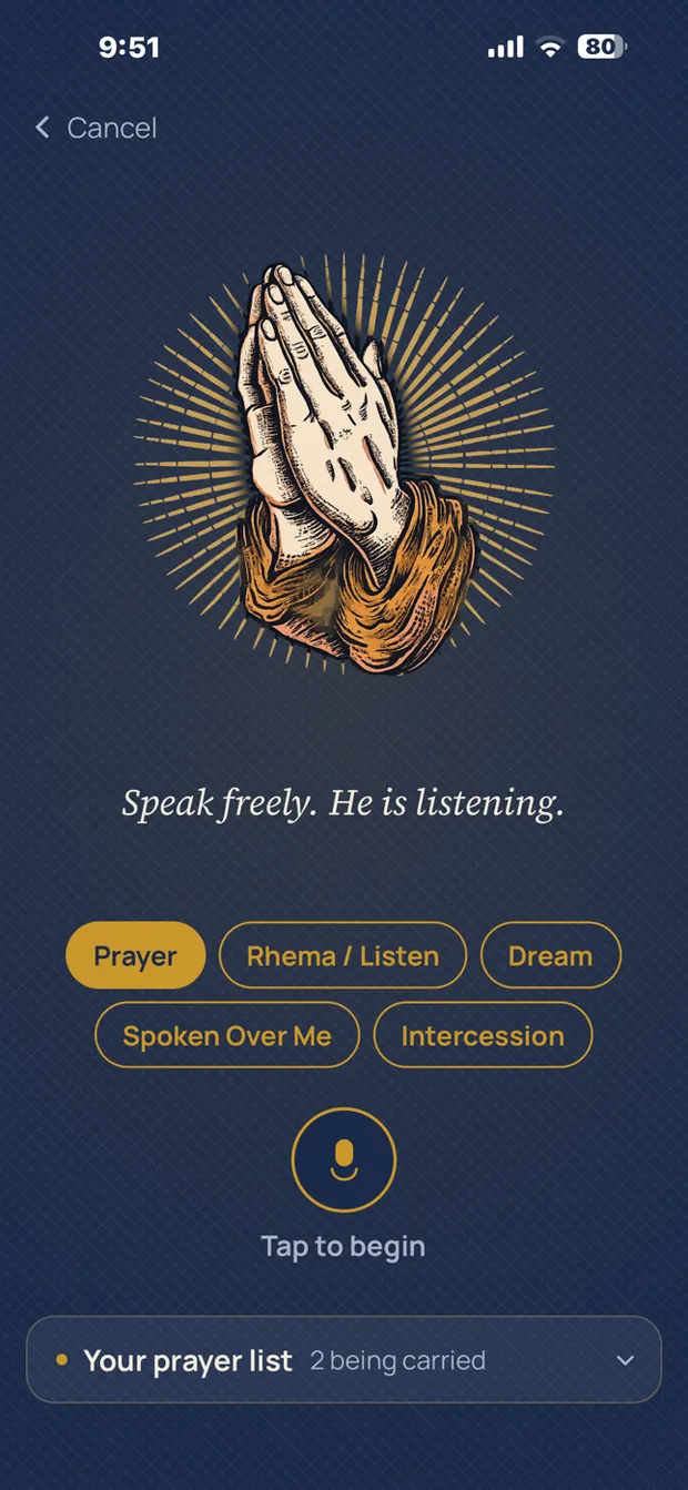 The record screen: praying hands, the line &lsquo;Speak freely. He is listening.&rsquo;, and the kinds of entry to choose from.