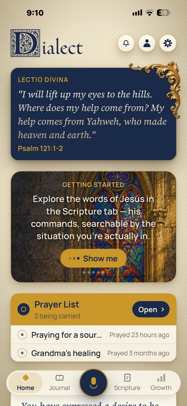 The Dialect home screen: a Lectio Divina passage from Psalm 121, a getting-started card, and the prayer list.