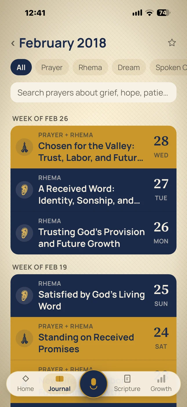 A month in the journal: entries grouped by week, each titled and marked as a prayer, a Rhema, or both.