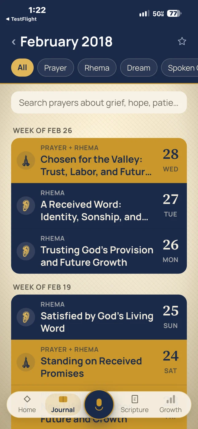 A month in the journal: entries grouped by week, each titled and marked as a prayer, a Rhema, or both.