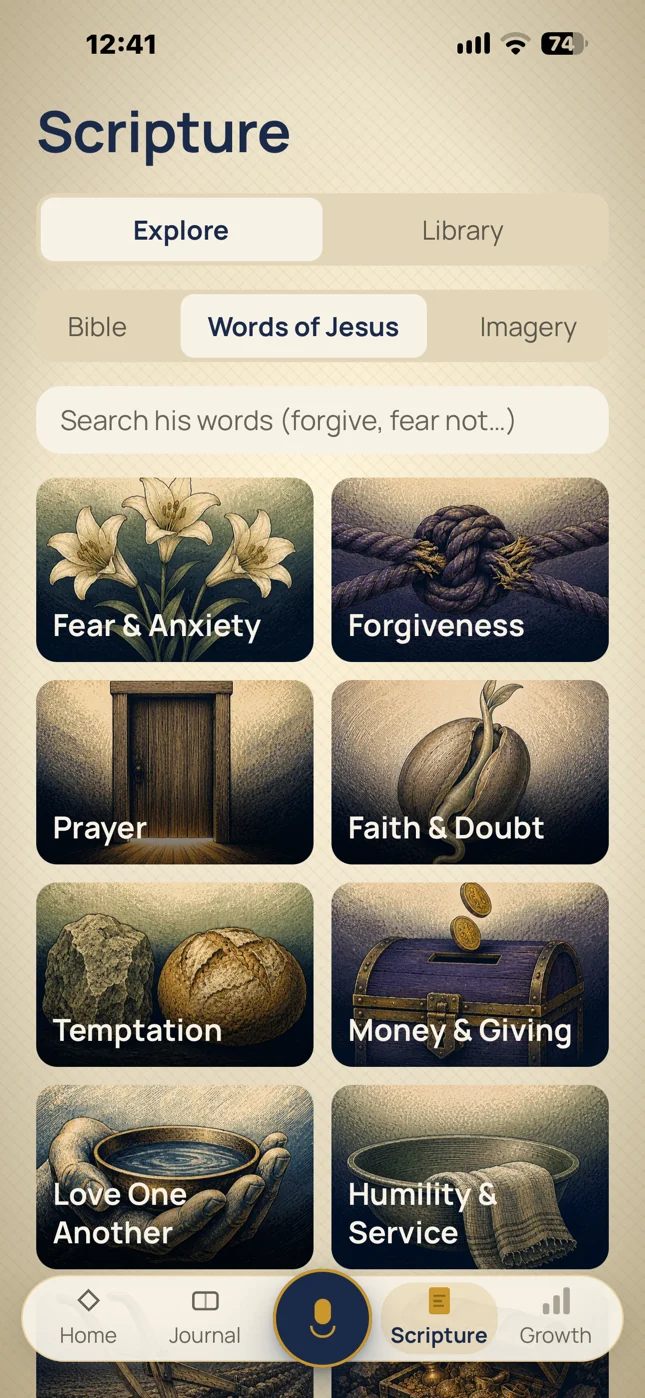 Exploring the words of Jesus by situation: fear and anxiety, forgiveness, prayer, faith and doubt.
