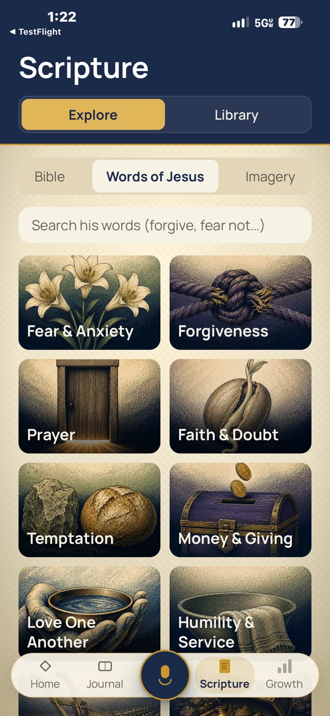 Exploring the words of Jesus by situation: fear and anxiety, forgiveness, prayer, faith and doubt.