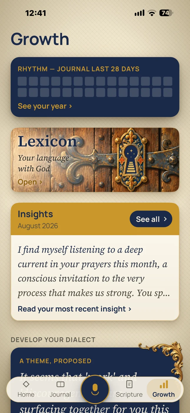 The Growth tab: your rhythm over the last 28 days, the door to your Lexicon, and your latest monthly insight.