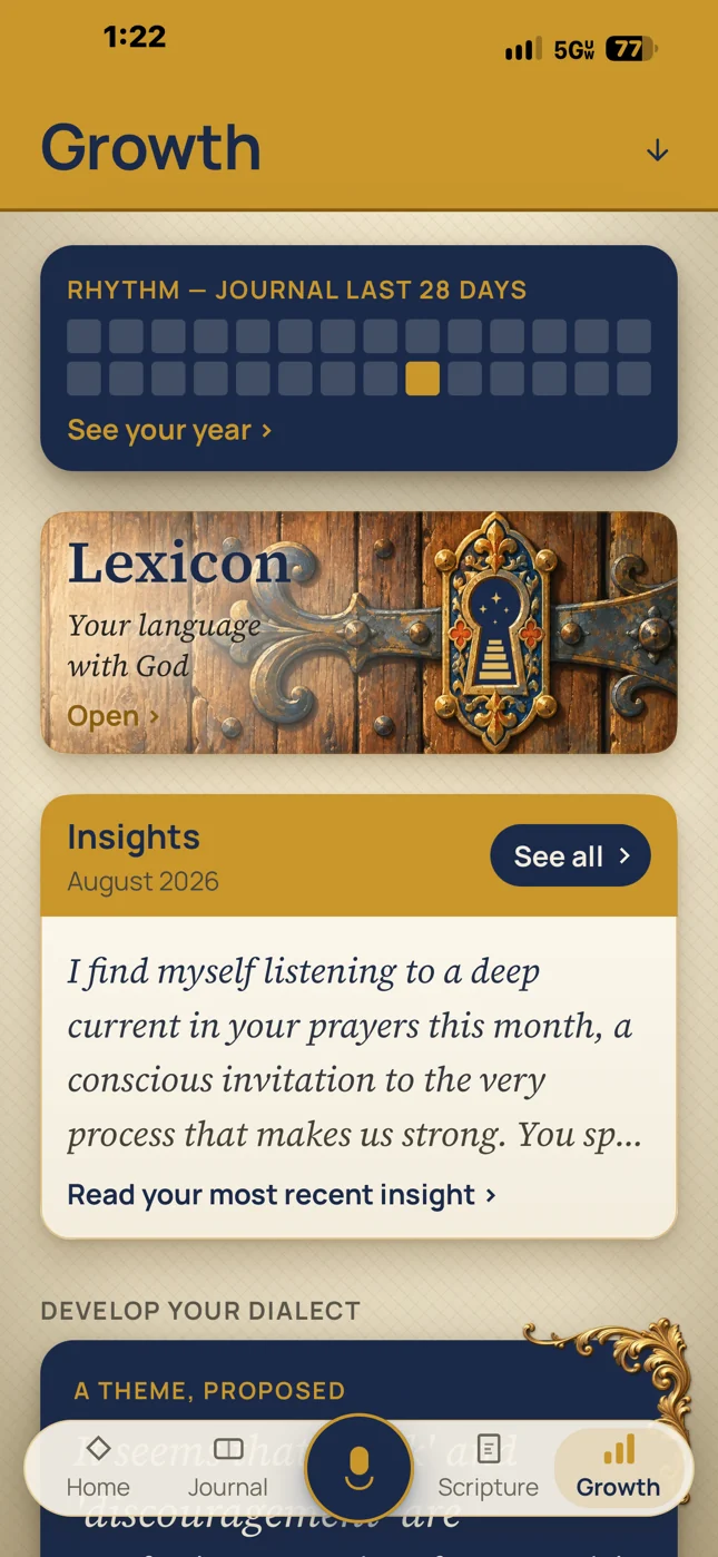 The Growth tab: your rhythm over the last 28 days, the door to your Lexicon, and your latest monthly insight.