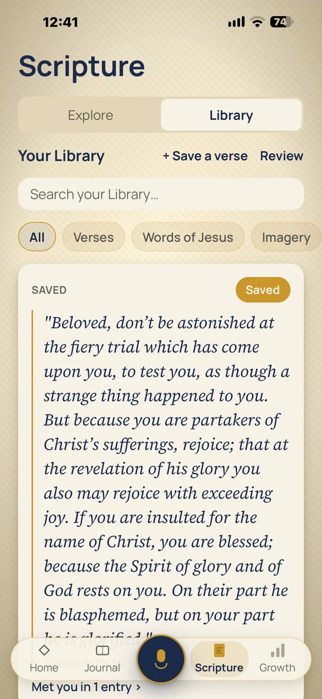 Your library of saved verses: a passage from 1 Peter, and the entry it met you in.