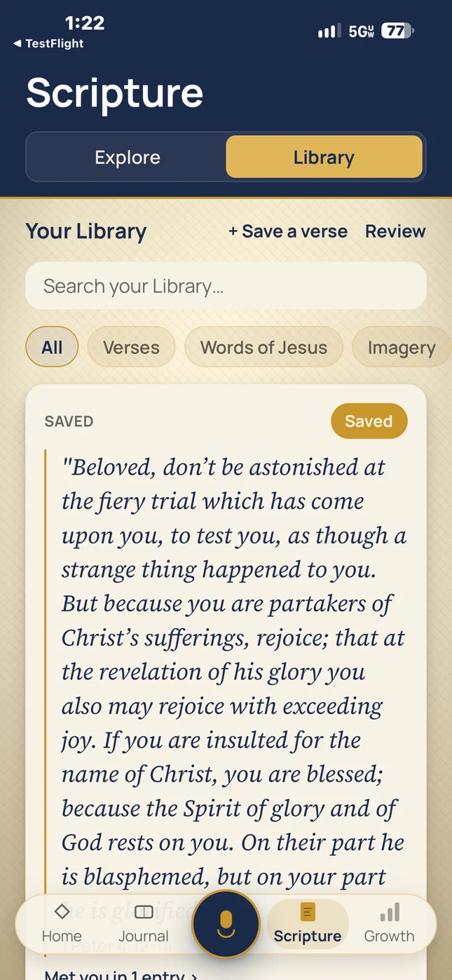 Your library of saved verses: a passage from 1 Peter, and the entry it met you in.